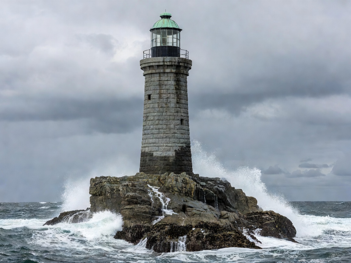A tapered granite lighthouse tower rising directly from a wave-washed offshore rock