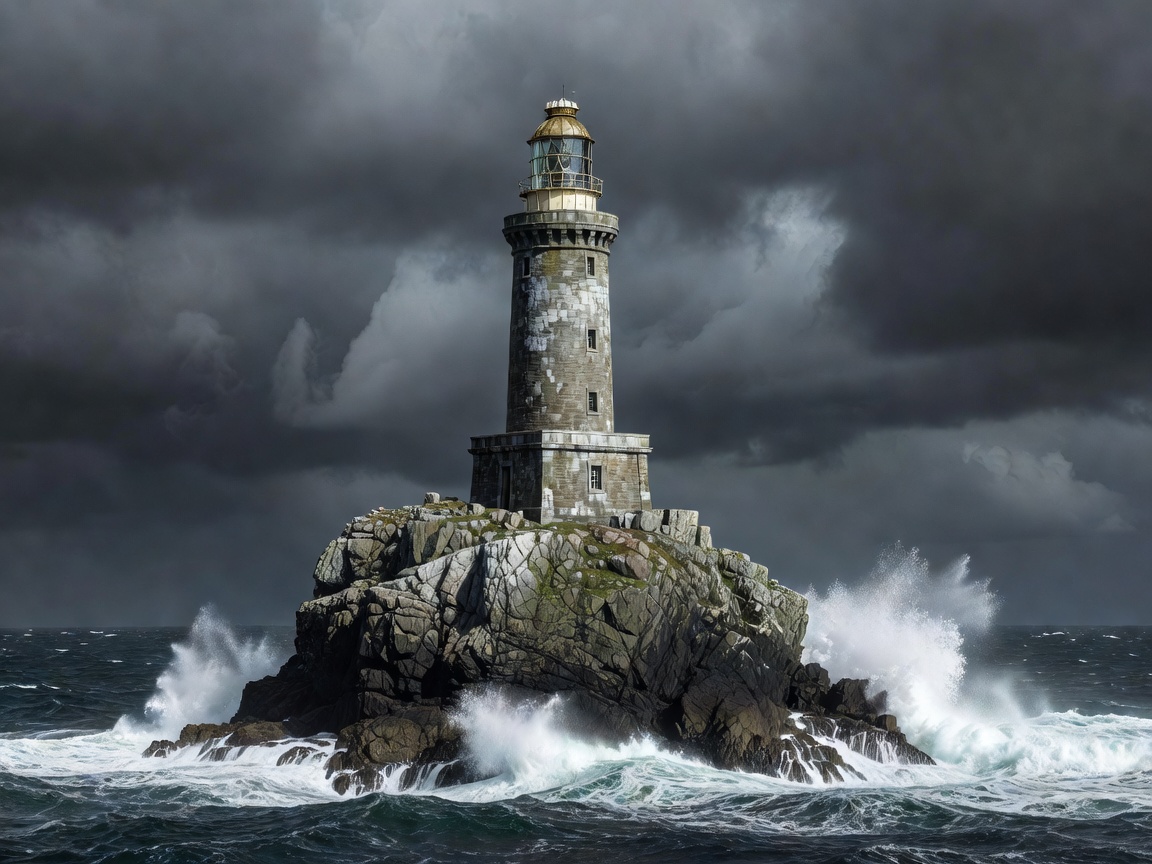 A broad granite lighthouse tower on a steep sea rock off the southern Irish coast