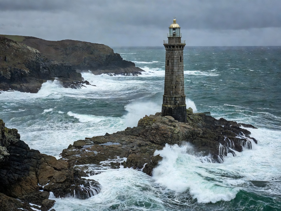 A granite lighthouse tower standing on an exposed sea rock with waves breaking against its base