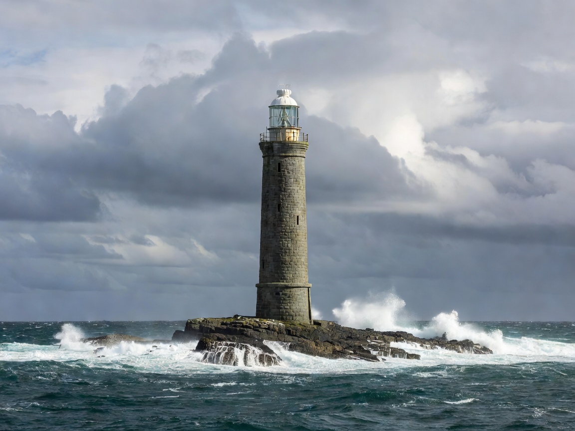 A tall, gently tapering granite lighthouse tower on a low Atlantic reef