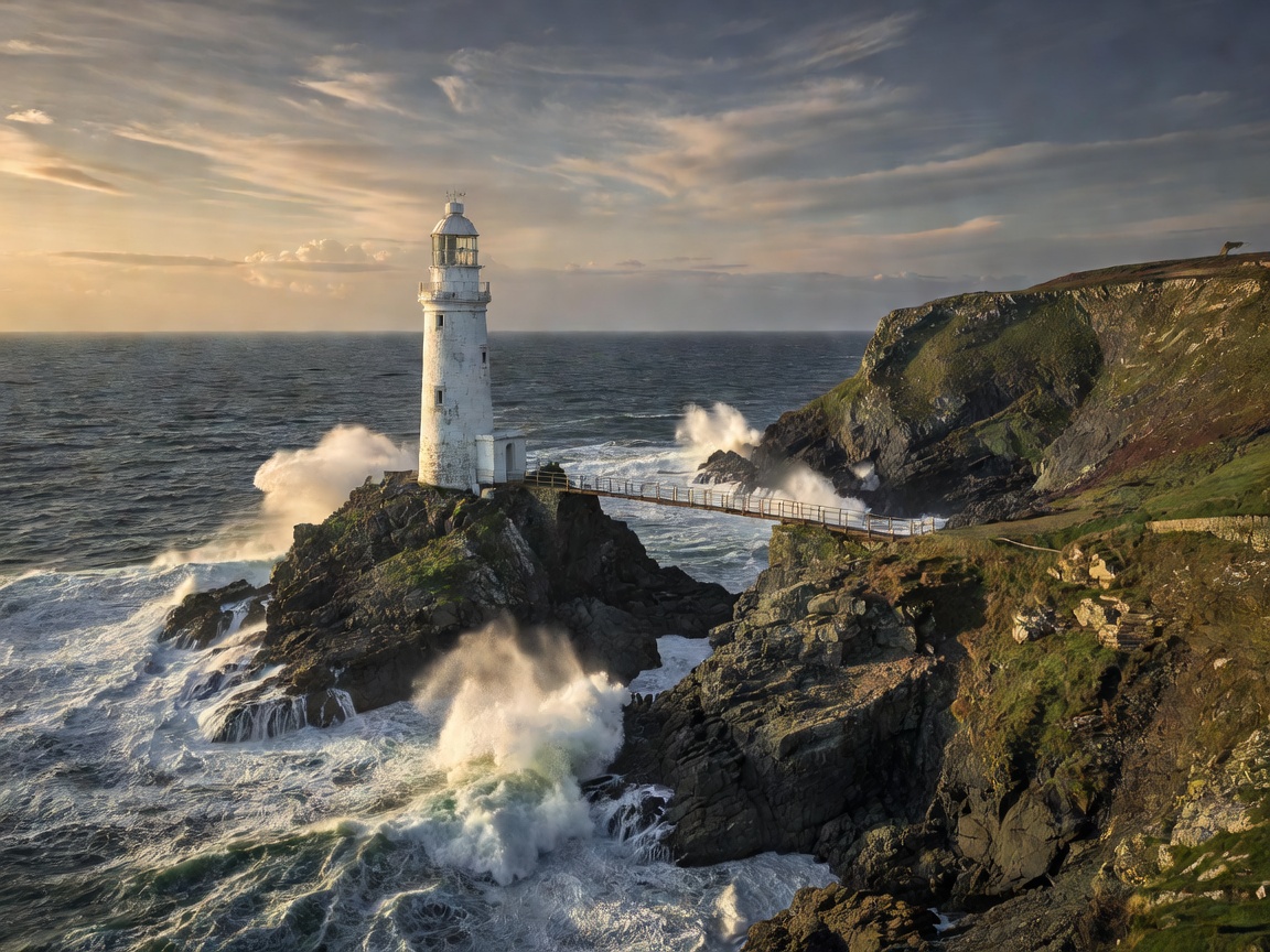 A white lighthouse tower on a rocky islet connected to a cliff by a footbridge